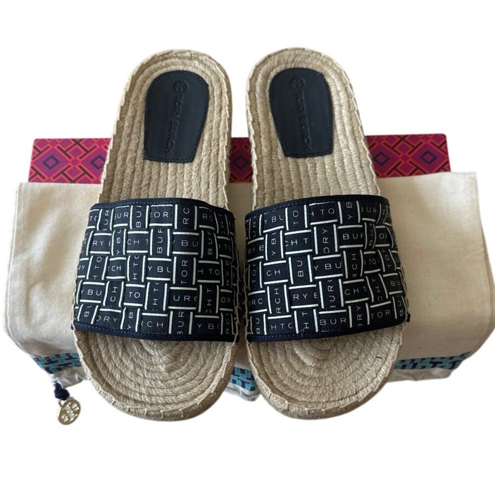 Tory Burch Ribbon Espadrille Herringbone Slide Sandals 9 Cream Black